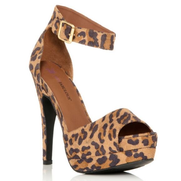 JUSTFAB Faux Suede Animal Print Heels Ankle Strap Black Brown - Picture 1 of 12